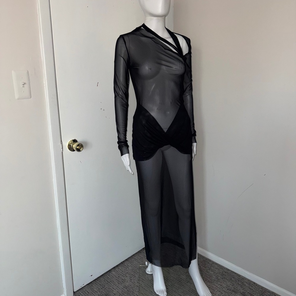 Micas Black Sheer Mesh Cutout Asymmetrical‎ Maxi Dress Avant Garde Edgy M - Picture 9 of 11